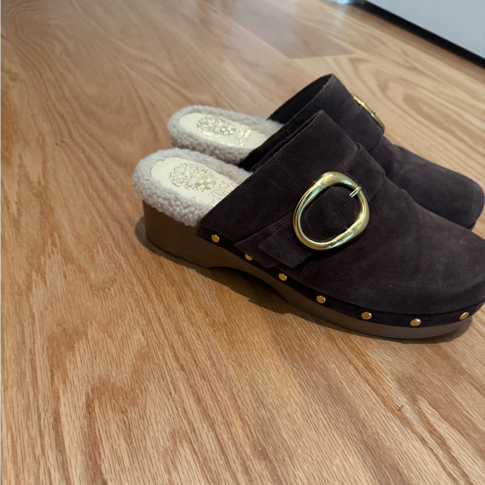 Elegant Brown Suede Mules with Gold Accent